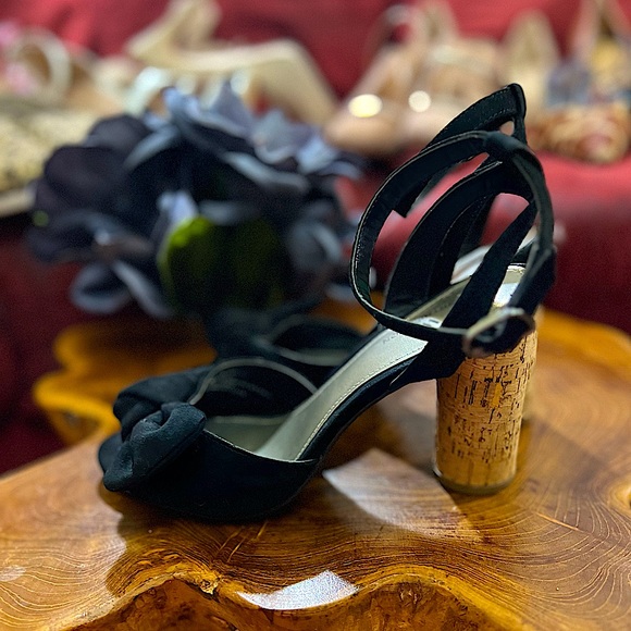 Black Suede Cork Heeled Tinsley Sandals by Worthington - Picture 2 of 13